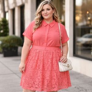 Addition Elle x Nicolette Mason Coral Cotton Blend Lace Shirt Dress Lined Collar